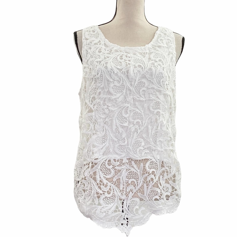 WHITE Crochet Sleeveless Lined Zippered Blouse